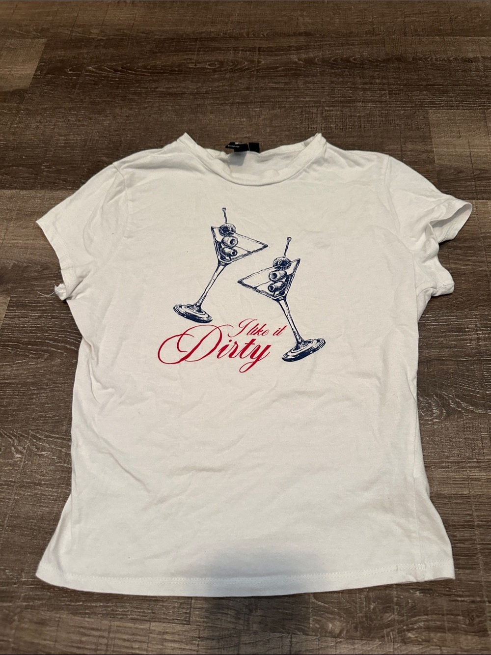 Windsor White Tee with Blue Martini Graphics and Red Script